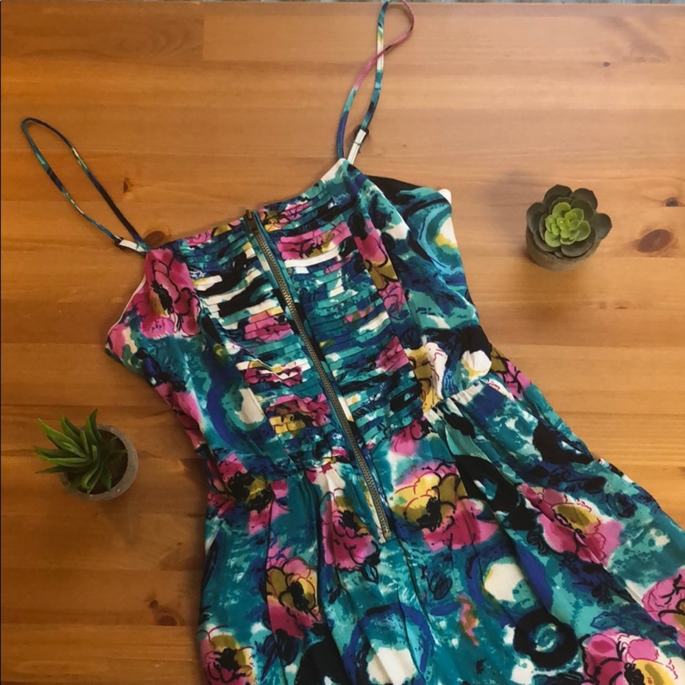 Blue watercolor zip up the front spaghetti strap dress